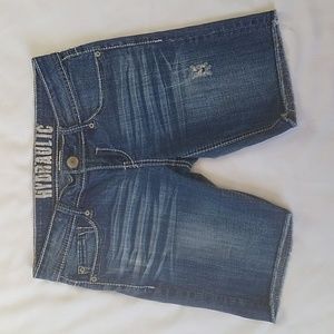 Hydraulic Distressed Stretch Denim Blue Jean Shorts 7/8